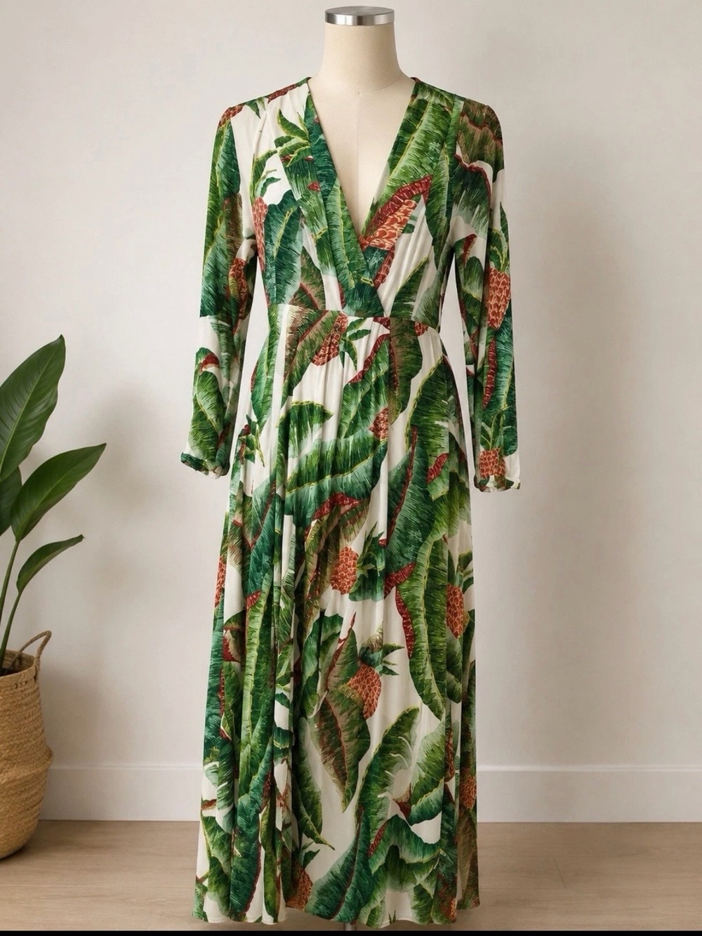 FARM Rio Forest Tropical Leaf Wrap Maxi Dress Deep V-Neck